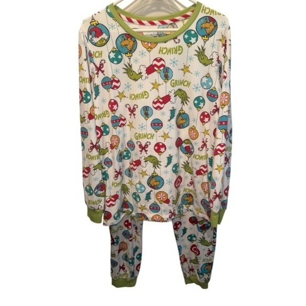 Dr. Seuss Womens White The Grinch Pajama Set Holiday Ornament Print L 12-14